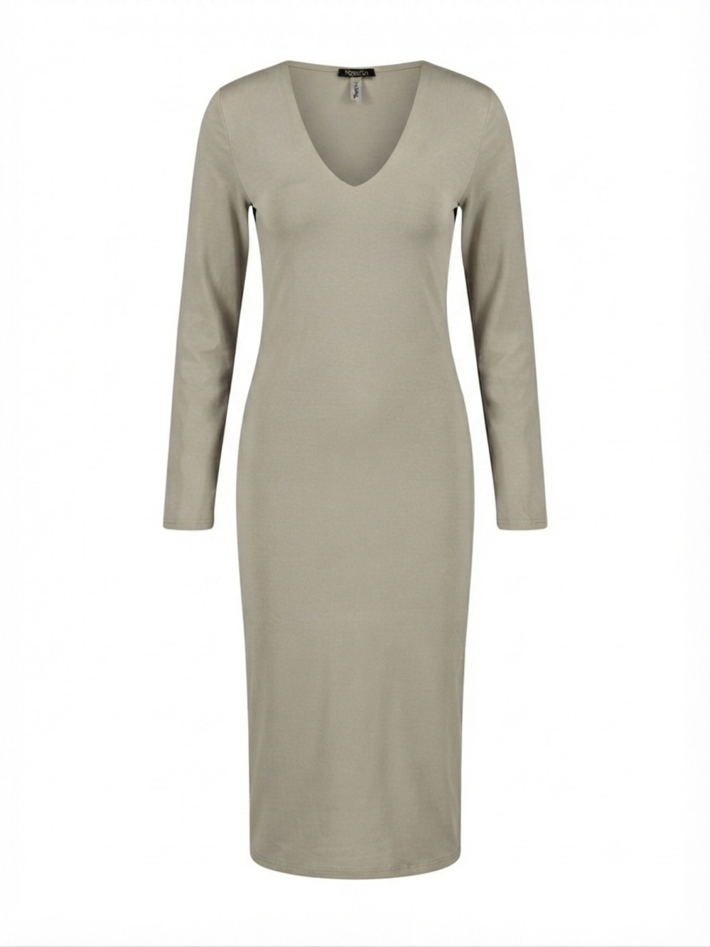 V-Neck Long Sleeve Midi Dress in Taupe‎ Sz Lrg A10-084